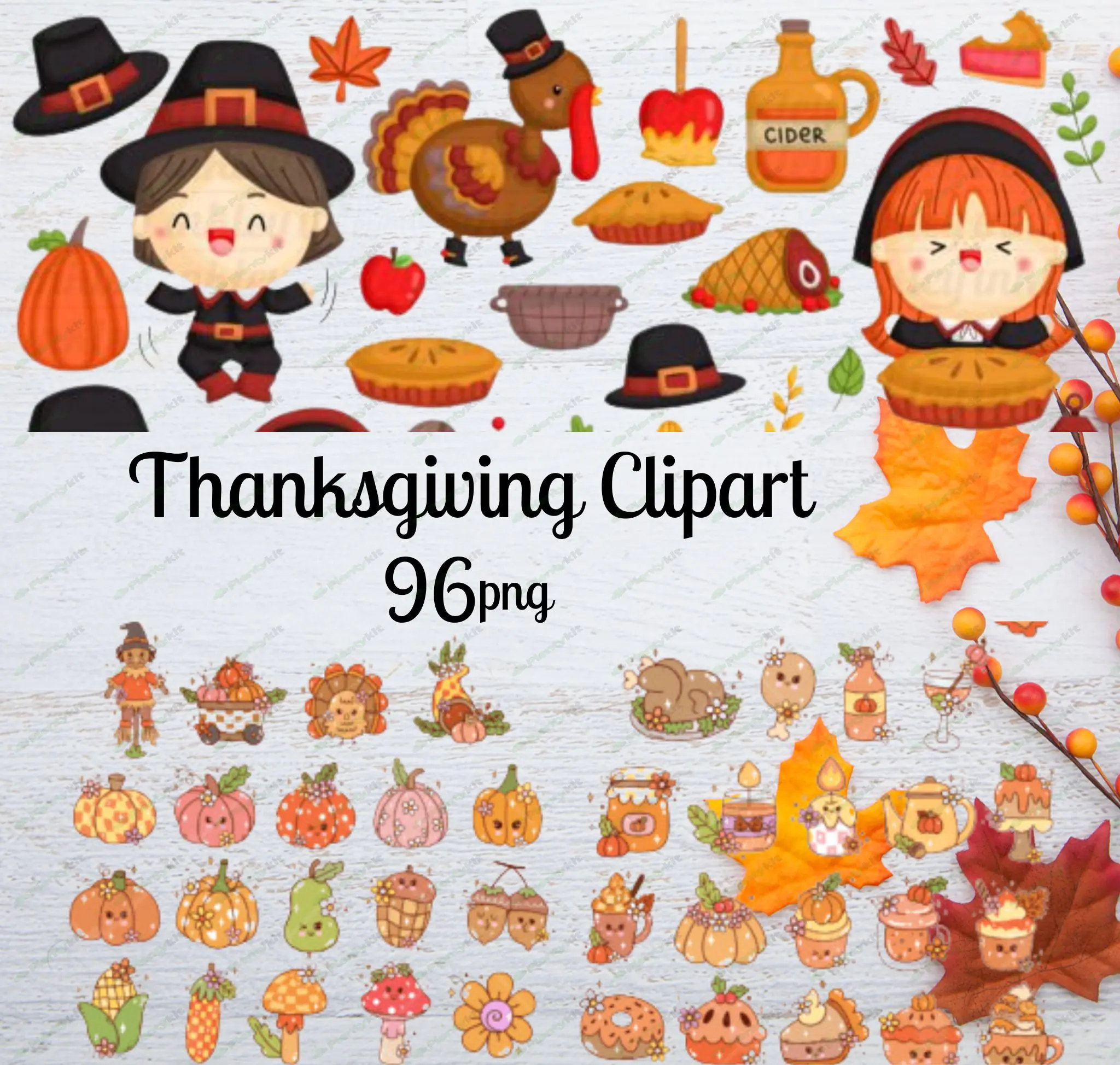 Thanksgiving Clipart Bundle | Fall Harvest Clip Art | Cute Turkey, Pumpkin, Autumn Leaves | art