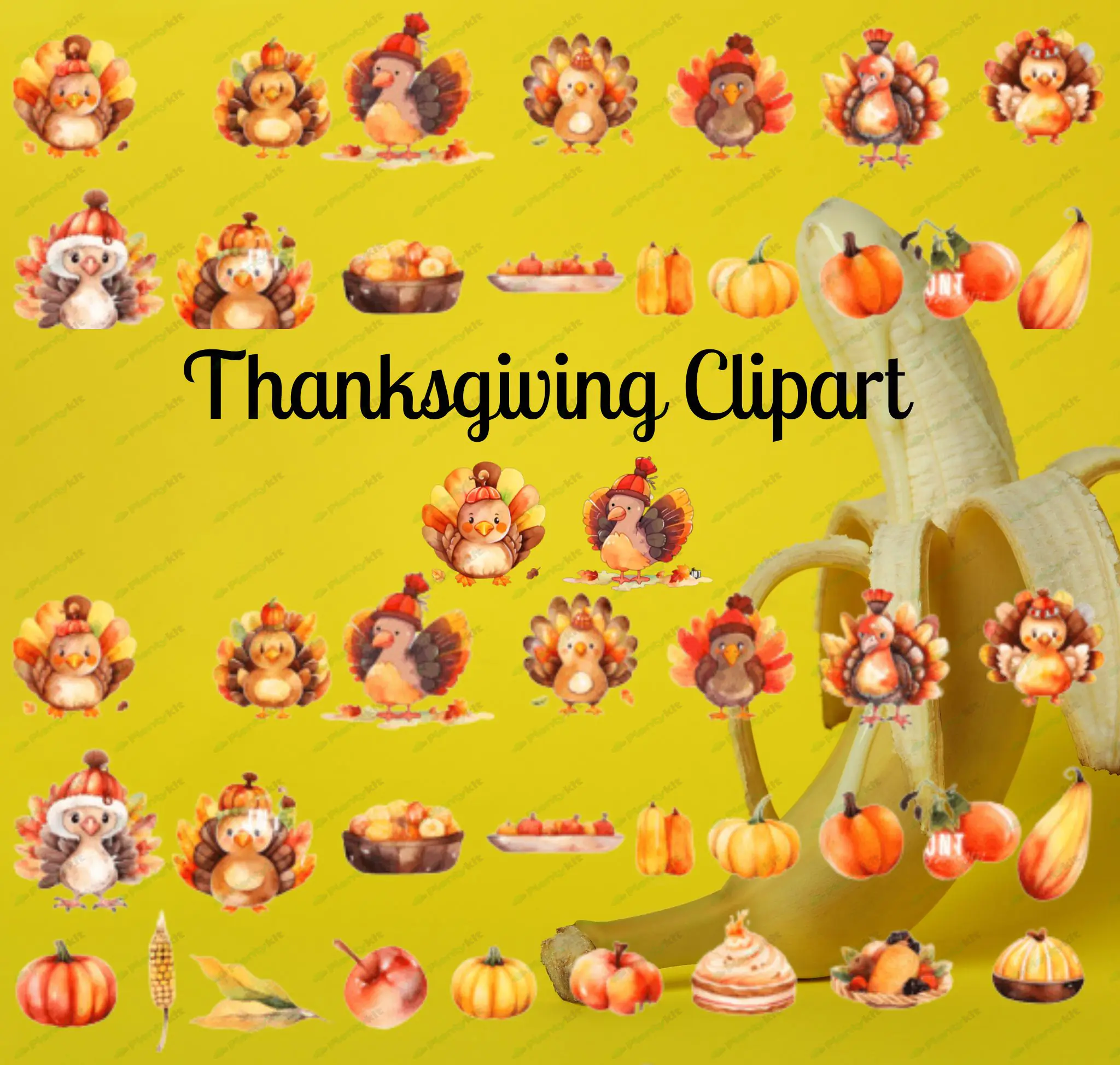 Happy thanksgiving Clipart Bundle | Fall Harvest Clip Art | Cute Turkey, Pumpkin, Autumn Leaves |