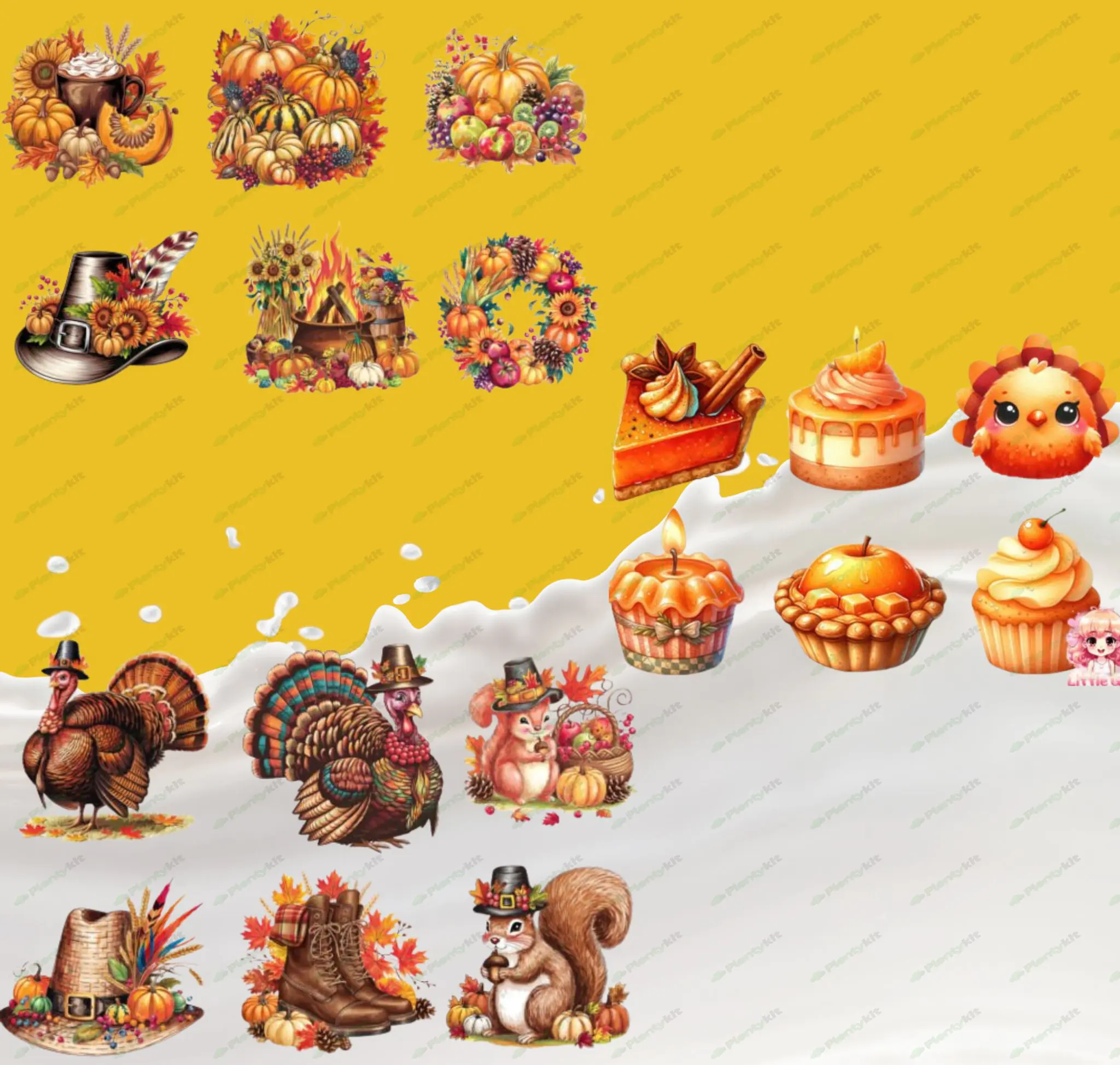 Thanksgiving Digital Clipart | Autumn Harvest Graphics | Turkey, Cornucopia, Leaves, & Pumpkin Illus