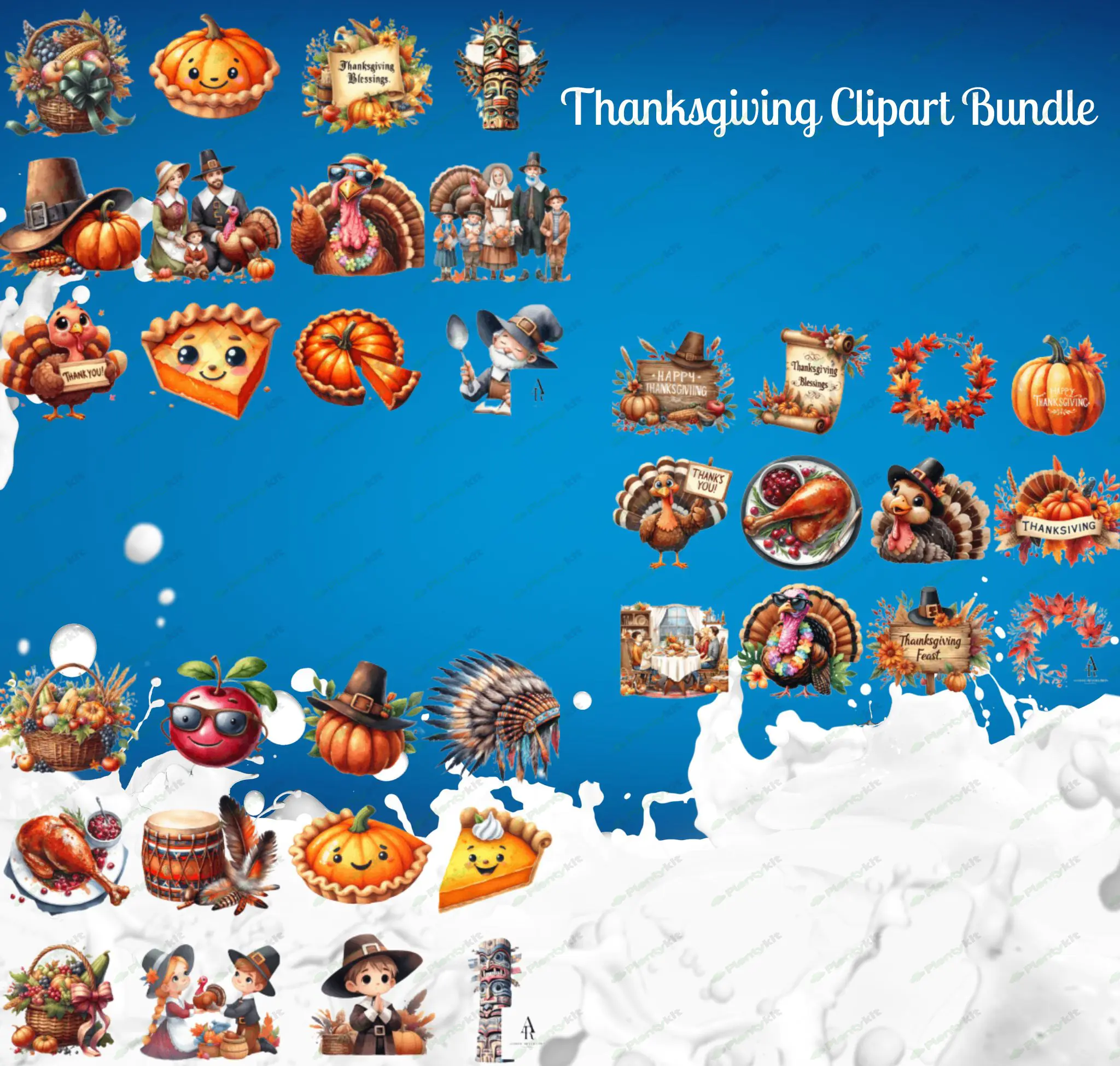 Beautiful thanksgiving Clipart Bundle | Fall Harvest Clip Art | Cute Turkey, Pumpkin, Autumn Leaves