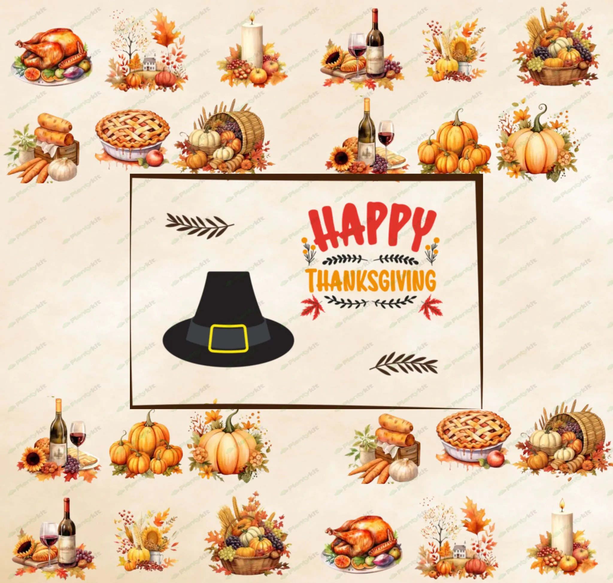 Thanksgiving Clipart Bundle | Fall Harvest Clip Art | Cute Turkey, Pumpkin, Autumn Leaves | Digital