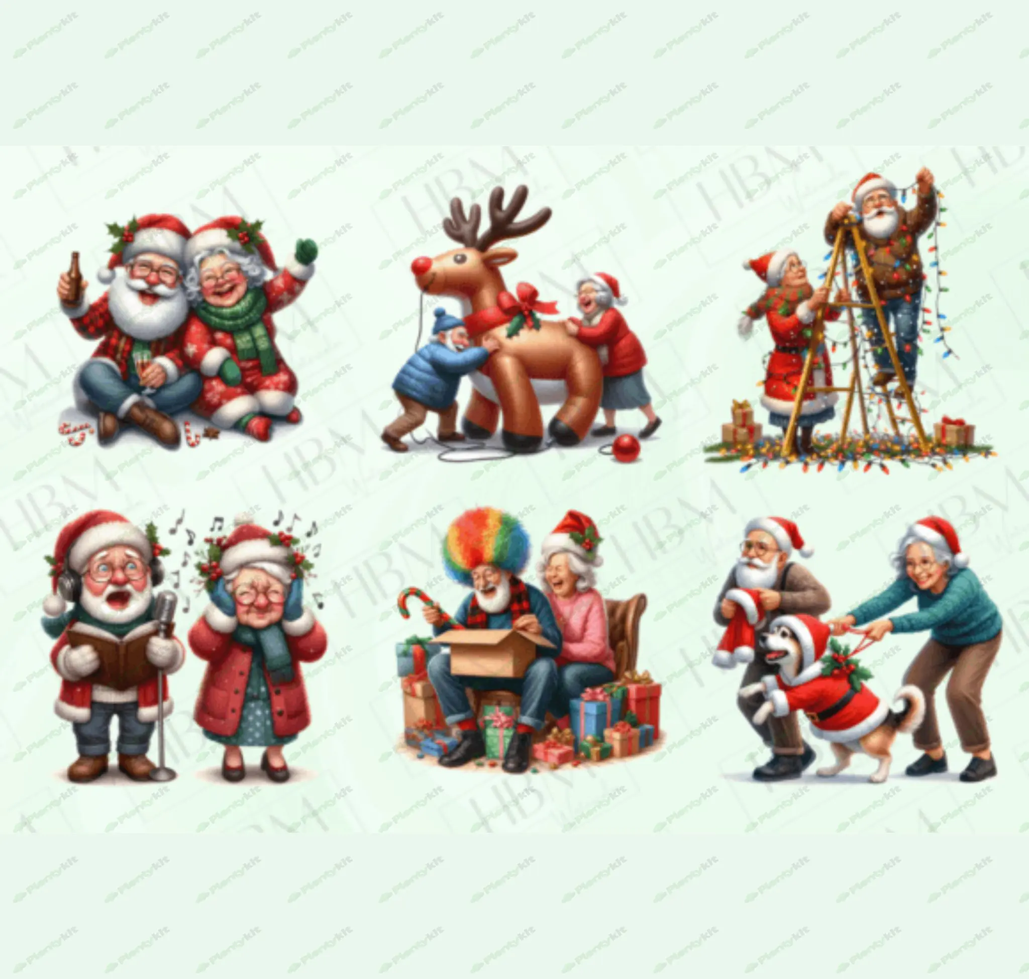 Funny Christmas Watercolor Old Couple Clipart | Humorous Holiday Illustrations