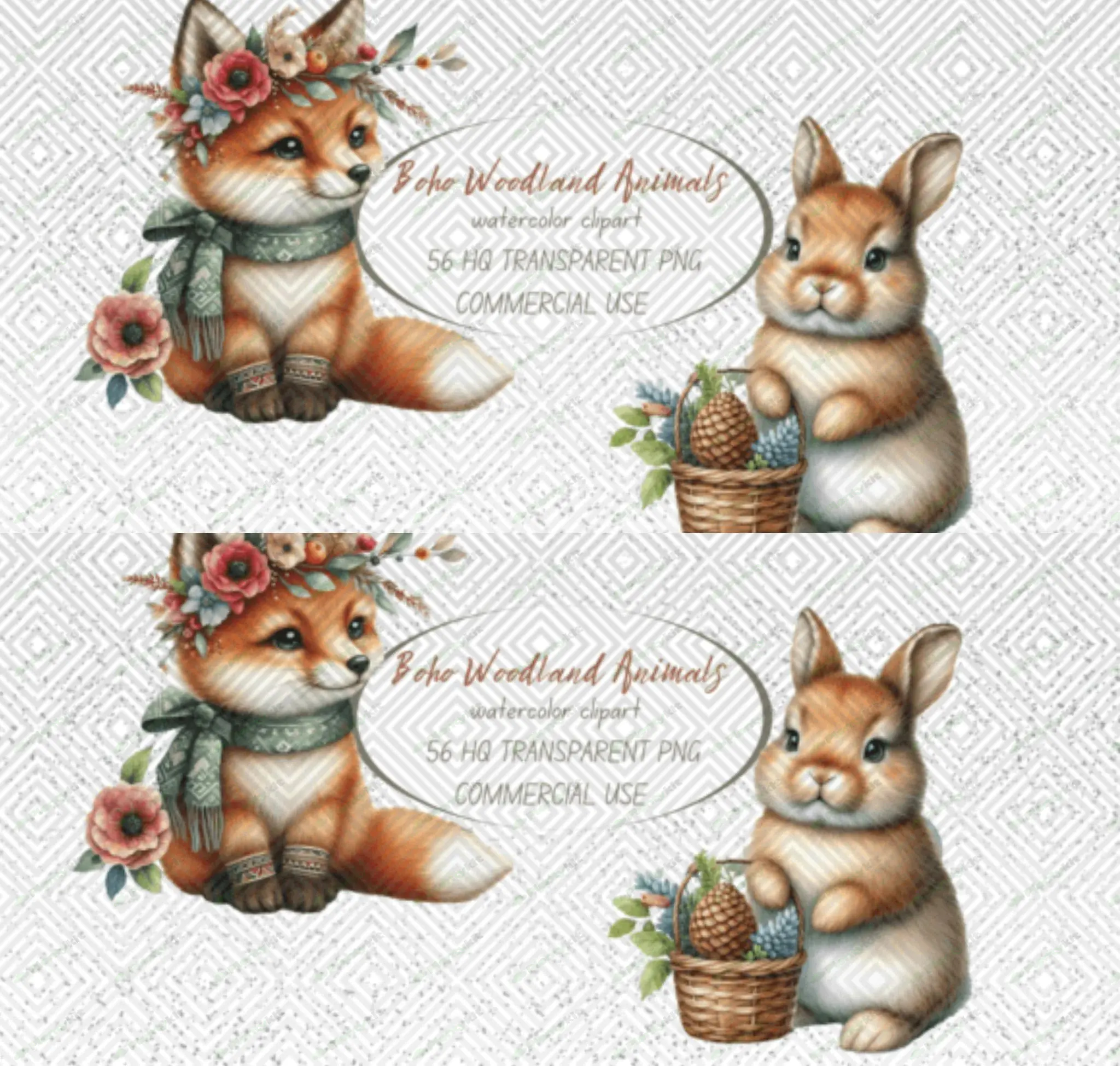 Woodland Animals Clipart PNG - Boho Baby Animals, Watercolor, Digital Download