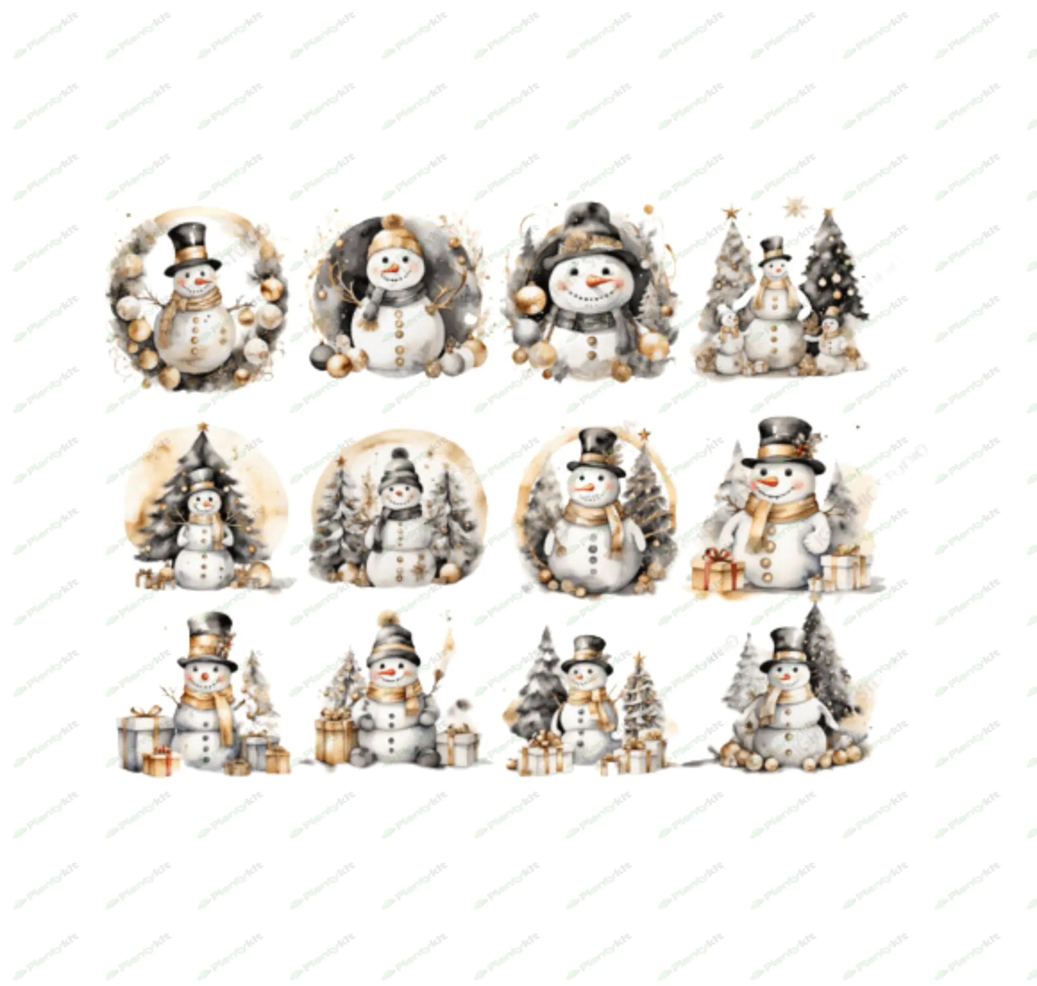 "Watercolor Black and Gold Christmas Snowman - Elegant Holiday Design"