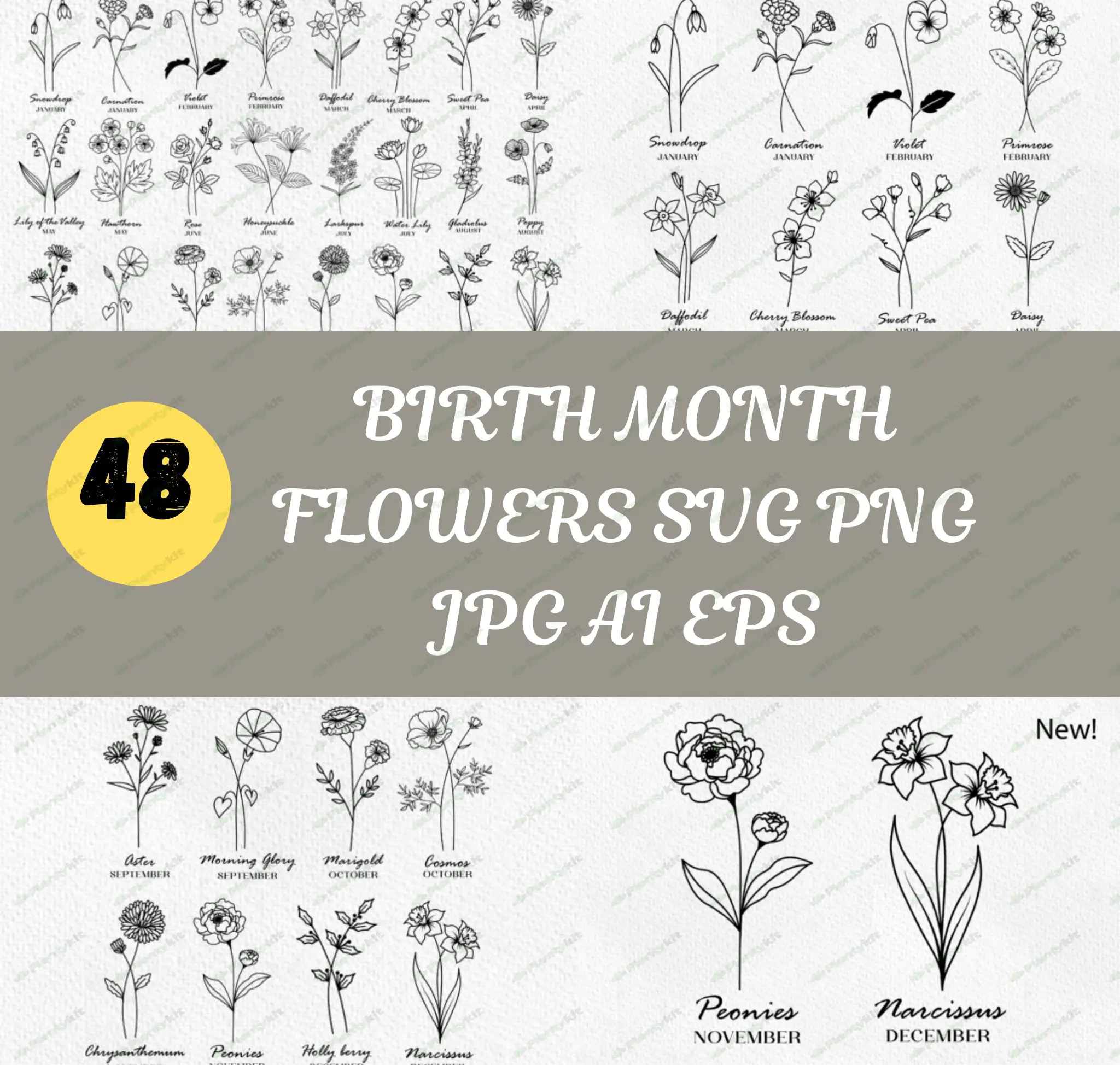 Birth Month Flower Bouquet, Floral SVG Bundle, Floral Line Art, Hand Drawn Vector Flowers, Clipart,