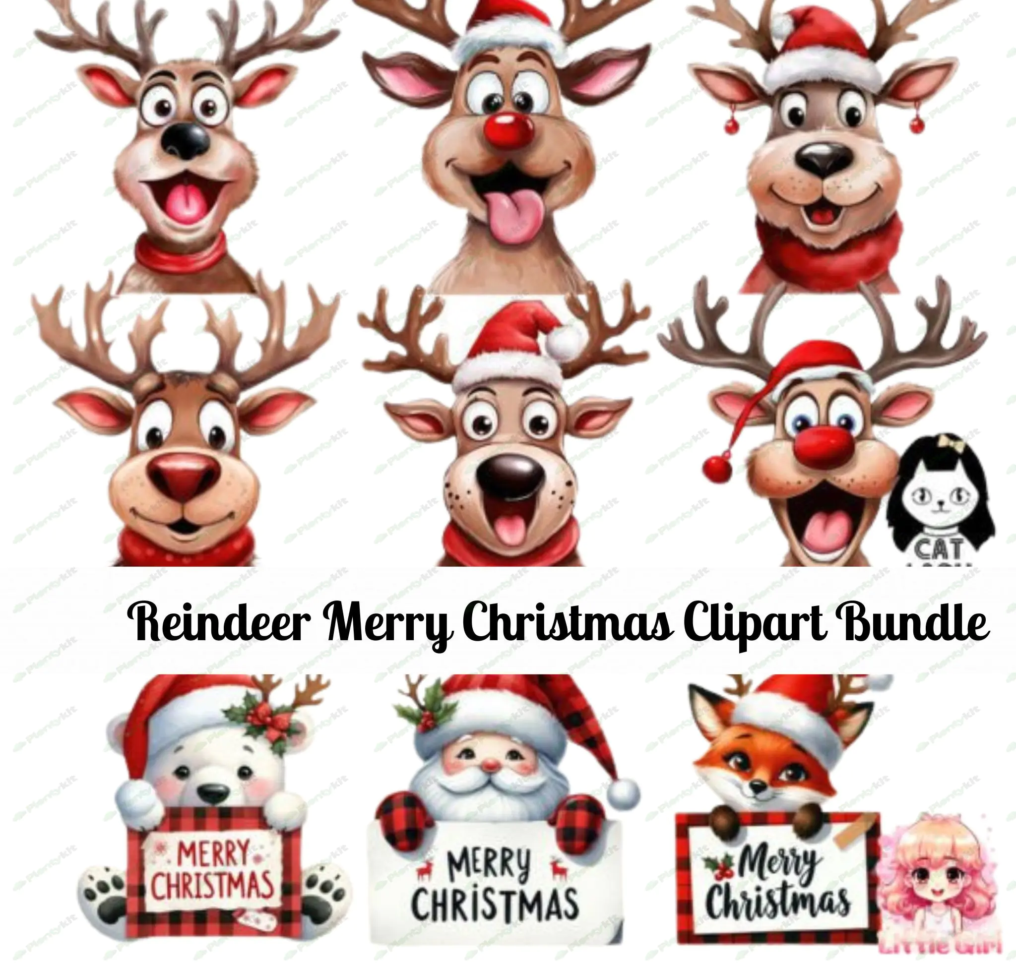 Reindeer Merry Christmas Clipart Bundle | Cute Christmas PNGs for Crafts, Cards & Invitations.