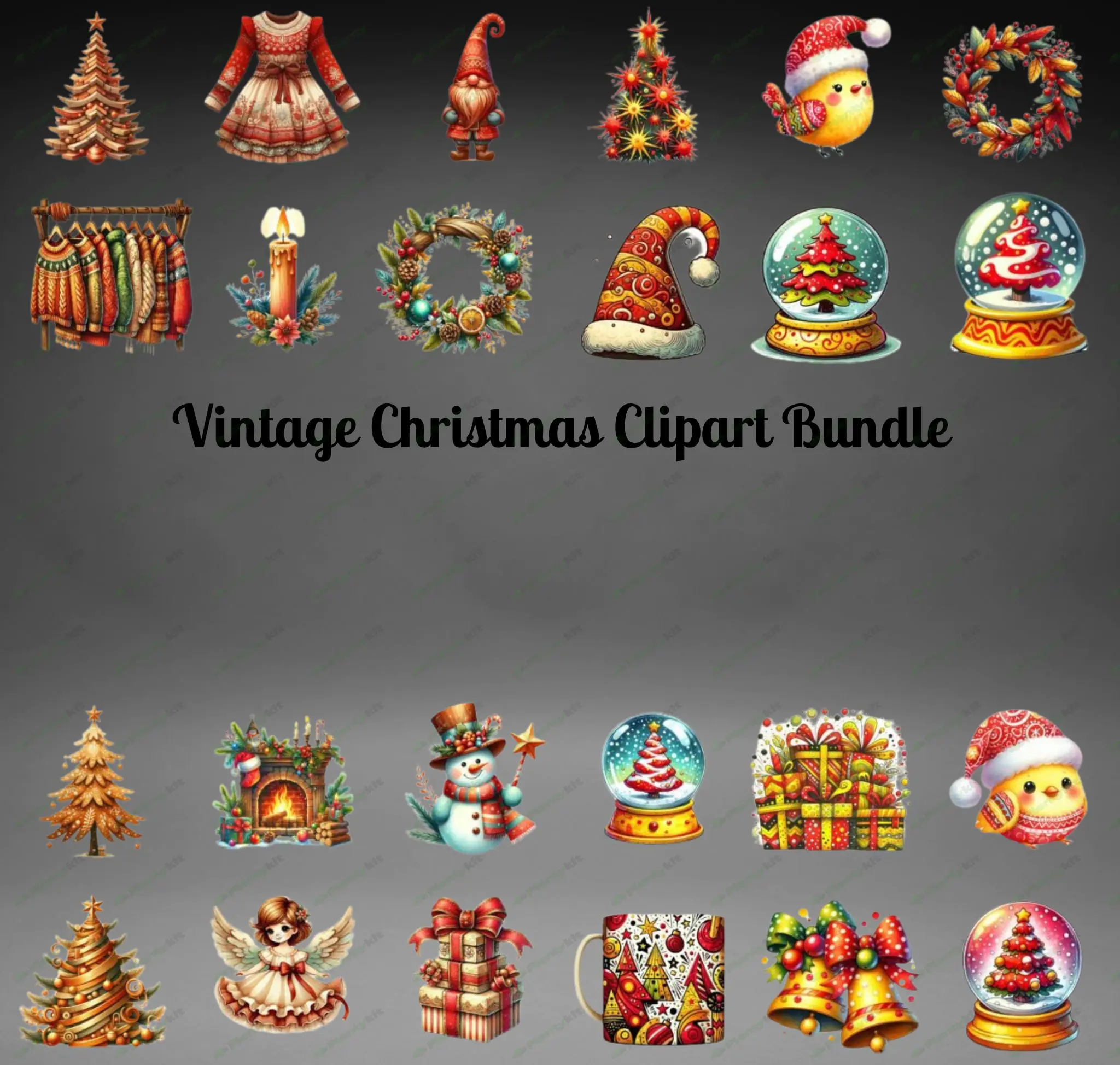 Vintage Christmas Clipart Bundle | Retro Holiday Graphics | Festive Digital Download .