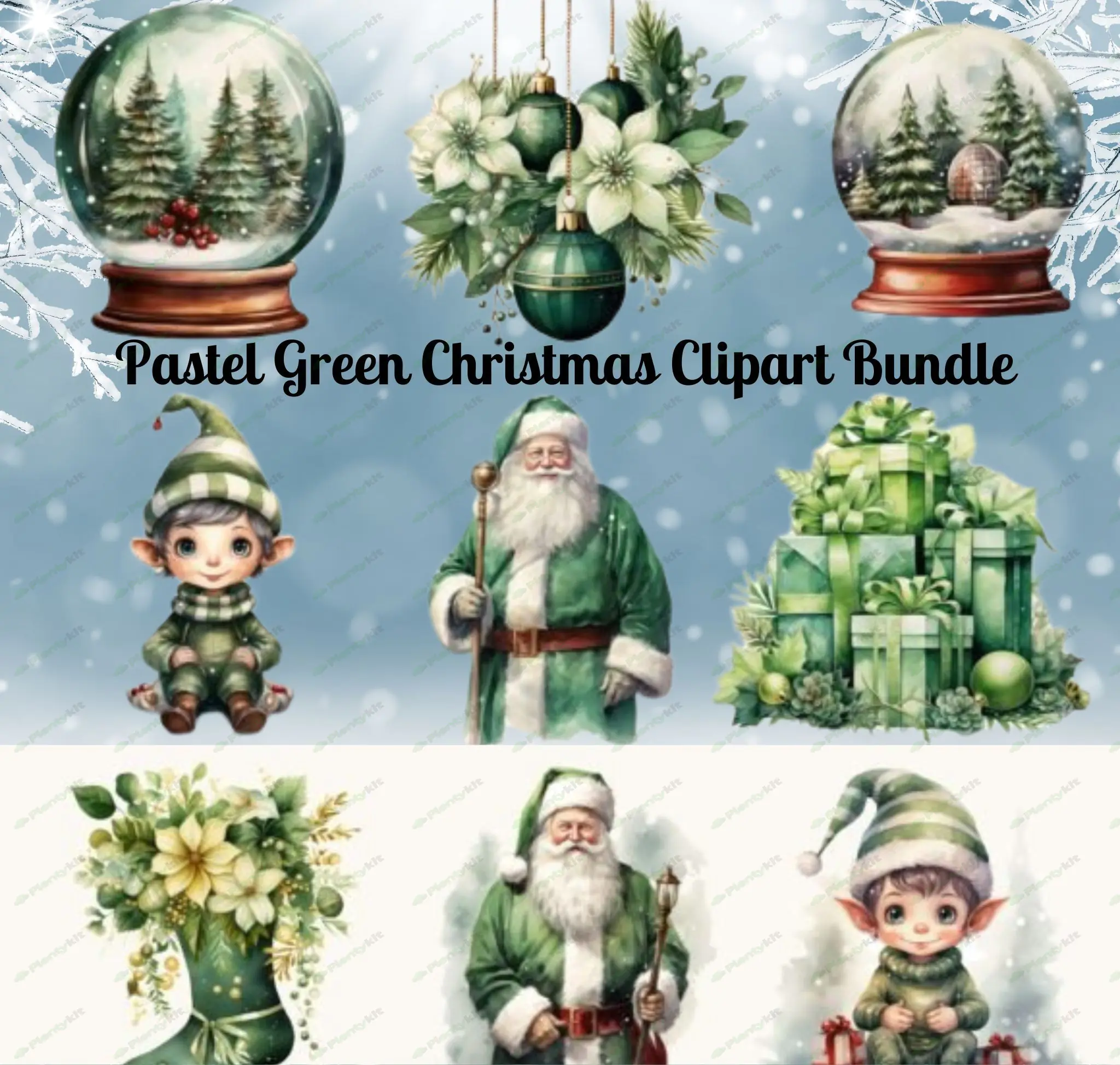 Pastel Green Christmas Clipart Bundle | Aesthetic Holiday Digital Stickers | Watercolor Winter Clipa