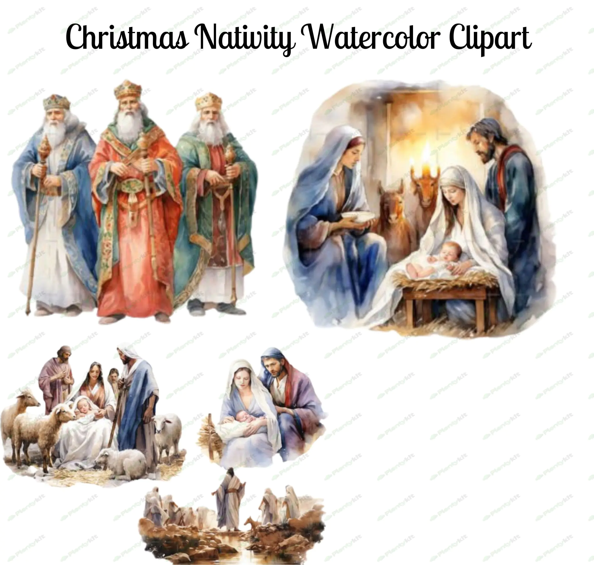 Christmas Nativity Watercolor Clipart | Holy Family Digital Art | Religious Christmas Illustrations