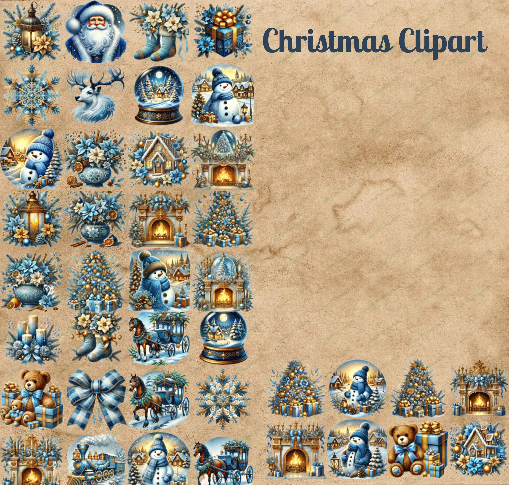 Blue Christmas Clipart Bundle | Winter Holiday Digital Graphics | Snowflakes, Christmas Trees & Orna