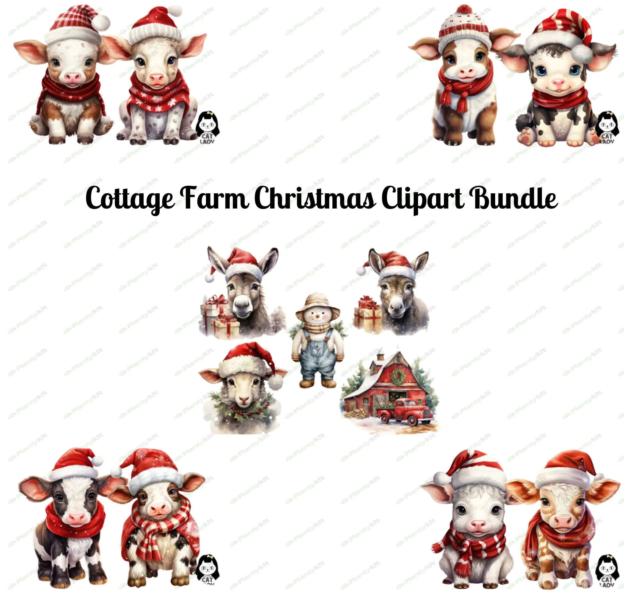 Cottage Farm Christmas Clipart Bundle – Rustic Holiday PNGs, Watercolor Winter Animals, Christmas