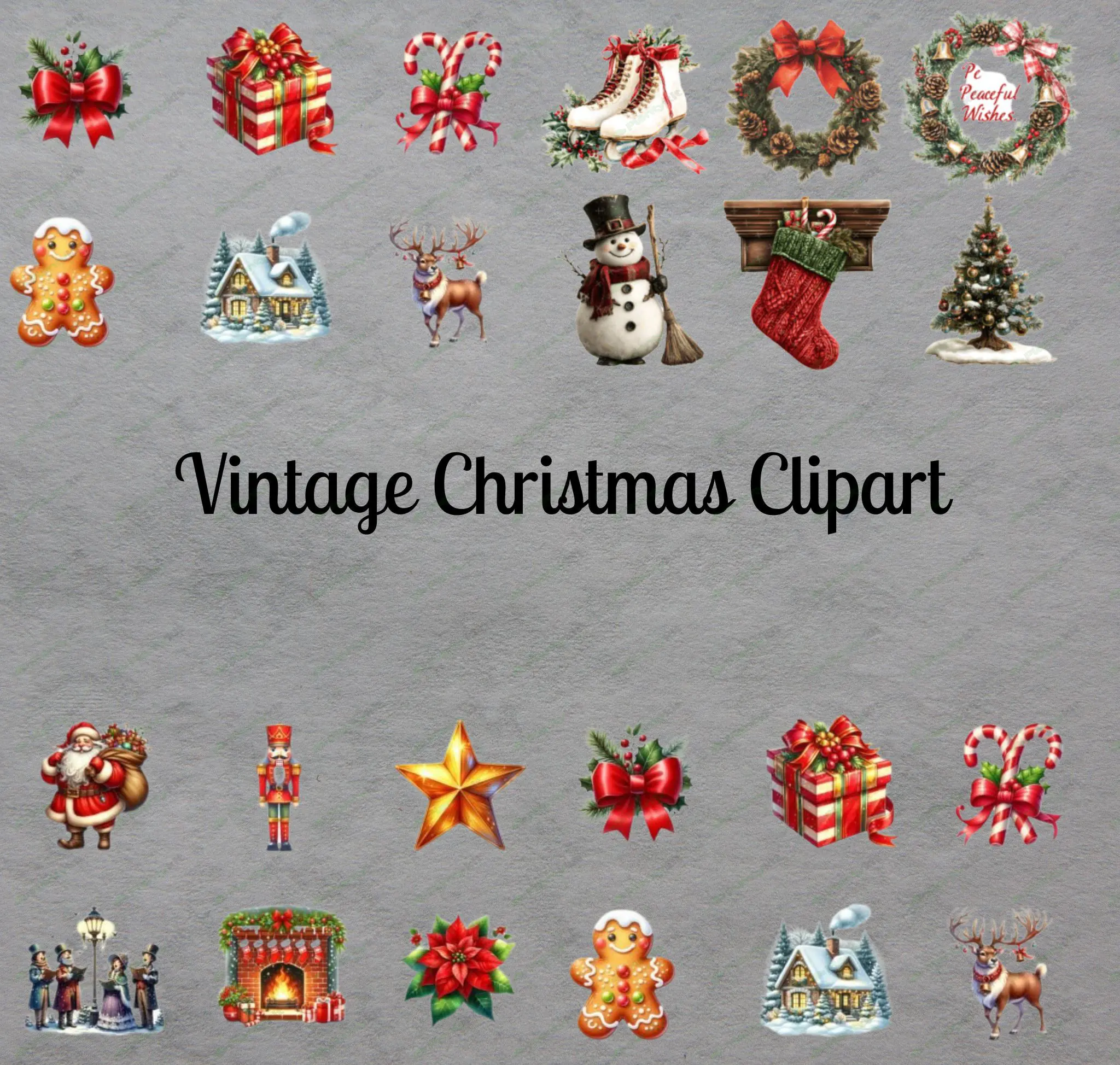 Beautiful Vintage Christmas Clipart | Retro Holiday Digital Download | Classic Santa, Ornaments.