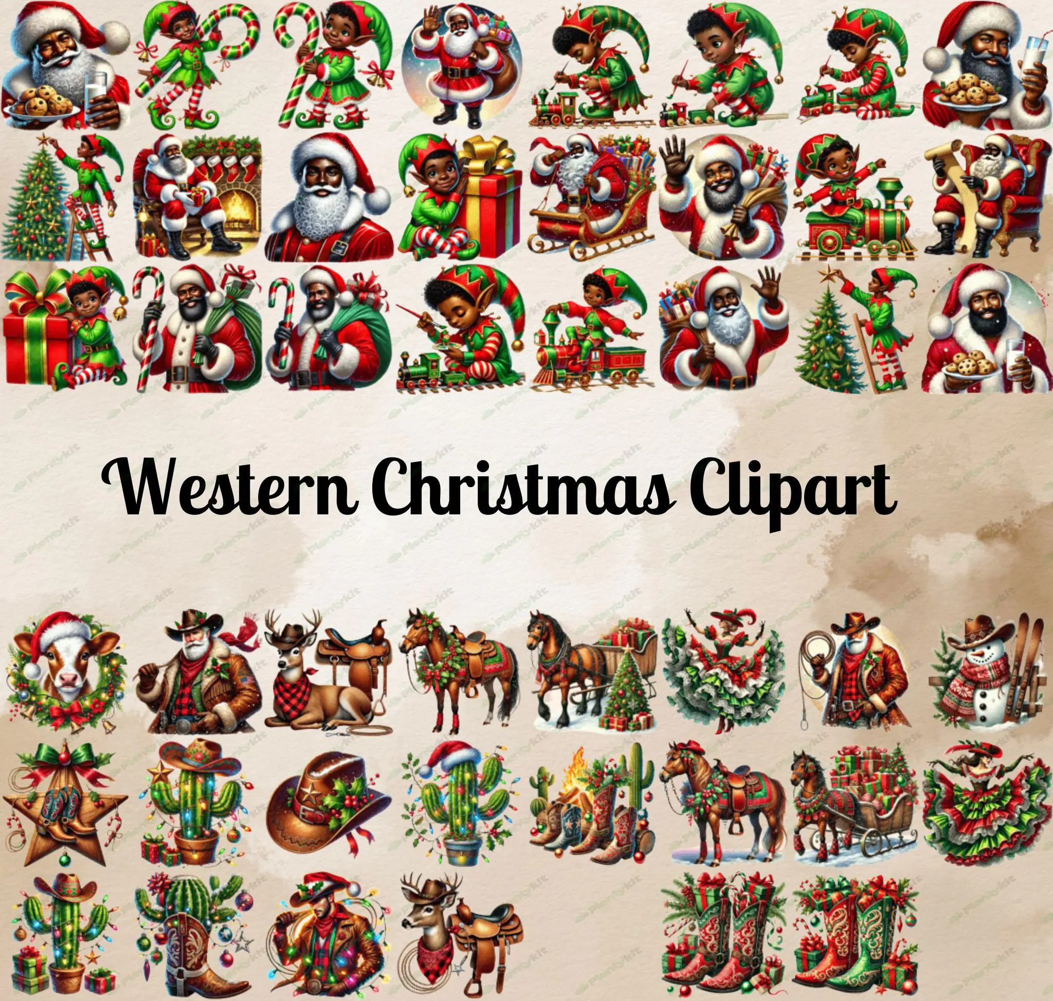 Western Christmas Clipart Bundle | Rustic Cowboy Holiday Digital Art | Vintage Western Christmas PNG