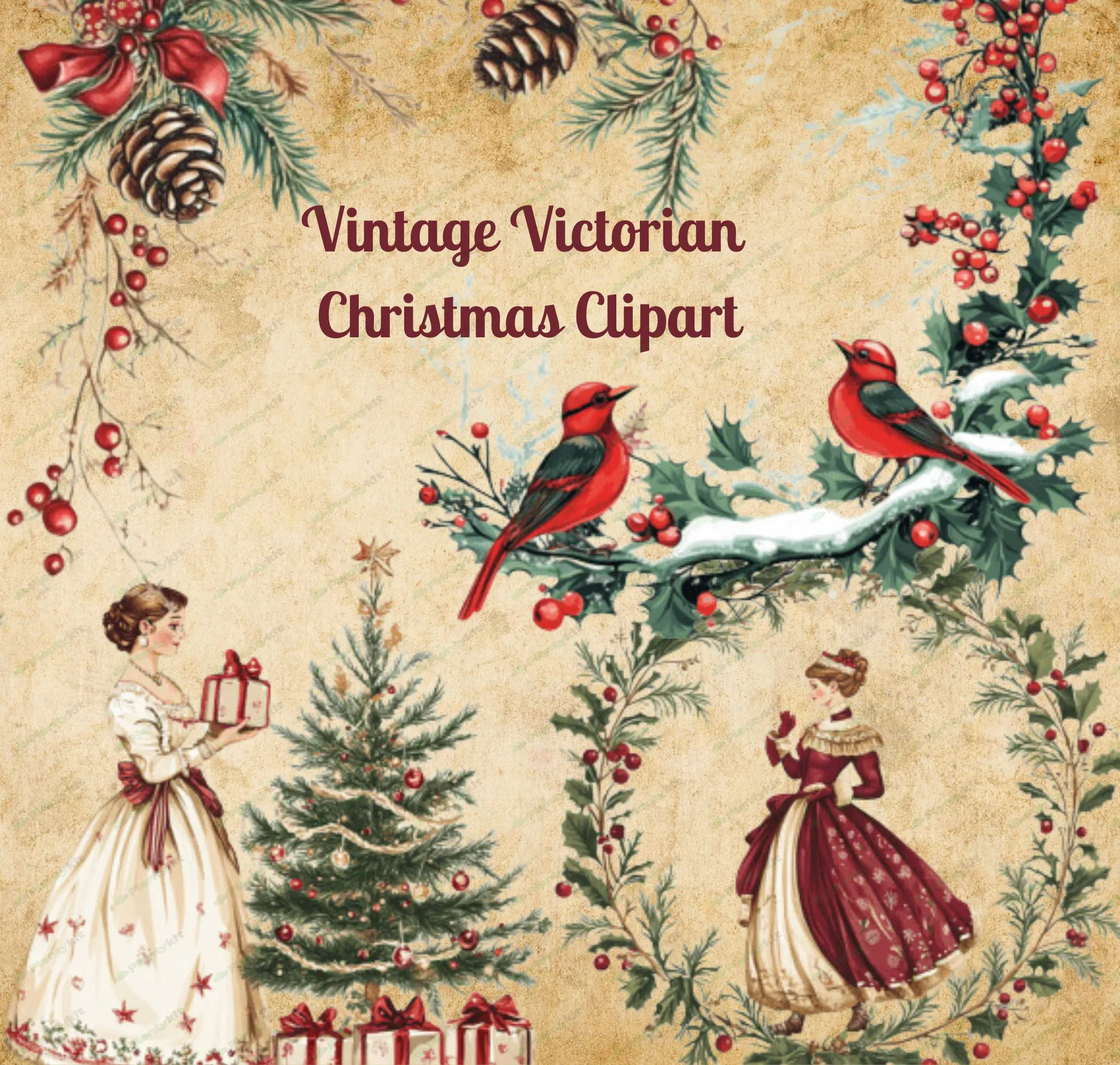 Vintage Victorian Christmas Clipart Bundle | Antique Holiday Graphics | Retro Christmas Ephemera |