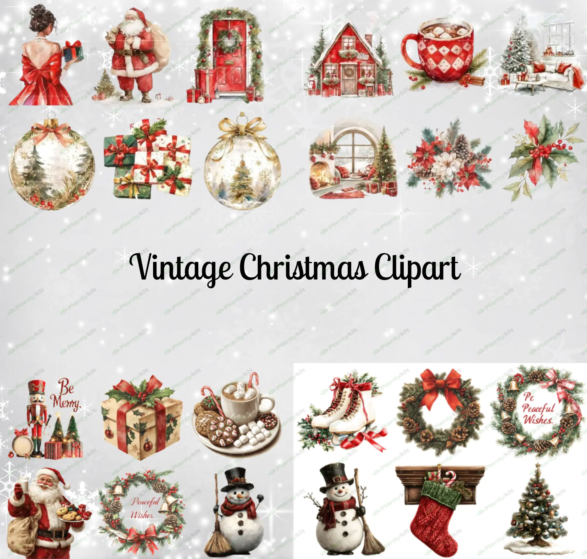 christmas Clipart Bundle, Christmas Vintage Clipart, Christmas Retro Clipart, Retro Santa, I