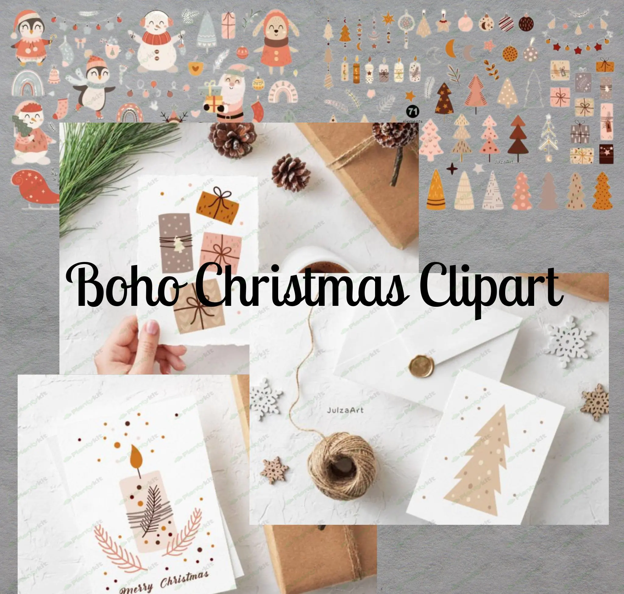 Boho Christmas Clipart | Hand-Drawn Holiday Illustrations | Rustic Christmas PNG | Boho Winter Grap