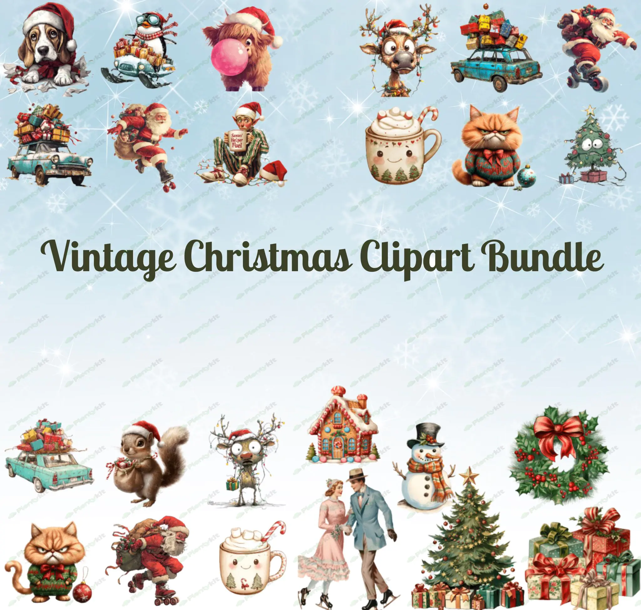 Vintage Christmas Clipart Bundle | Retro Holiday Illustrations | Christmas PNG Bundle | Antique Xmas