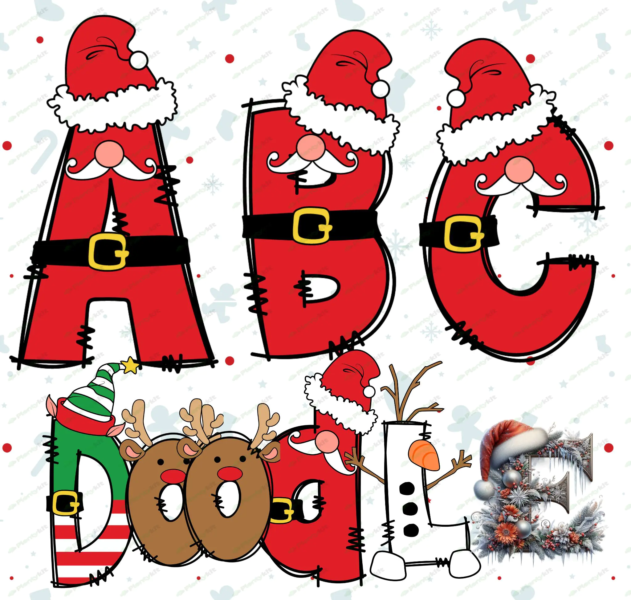 Merry Christmas Doodle Letters Alphabet PNG Sublimation Font Design Download Printable Template Inst