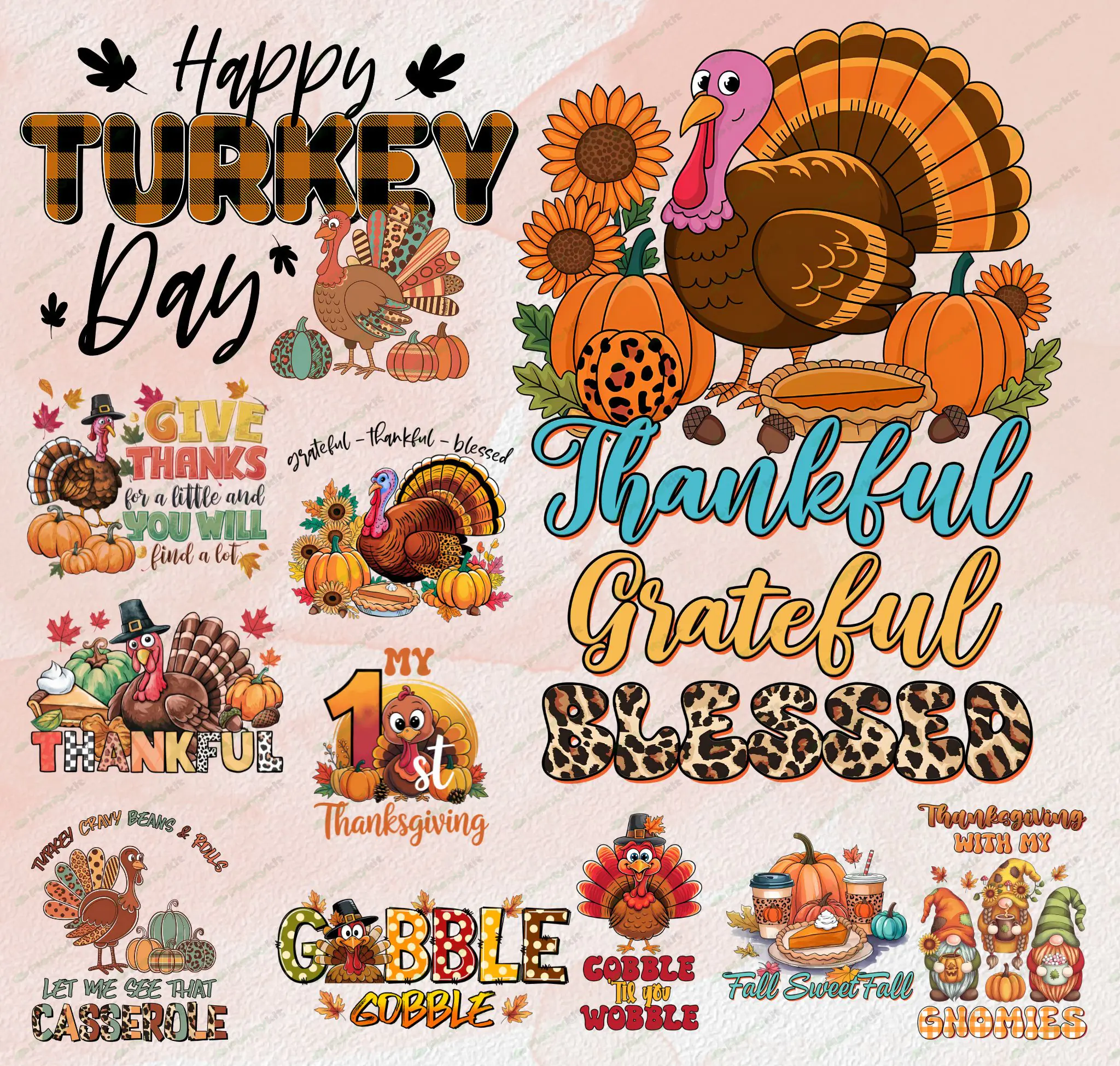 Happy Thanksgiving Clipart | 10 High-Quality JPGs | Happy Turkey Day Clipart Bundle | Wall Art | Tha