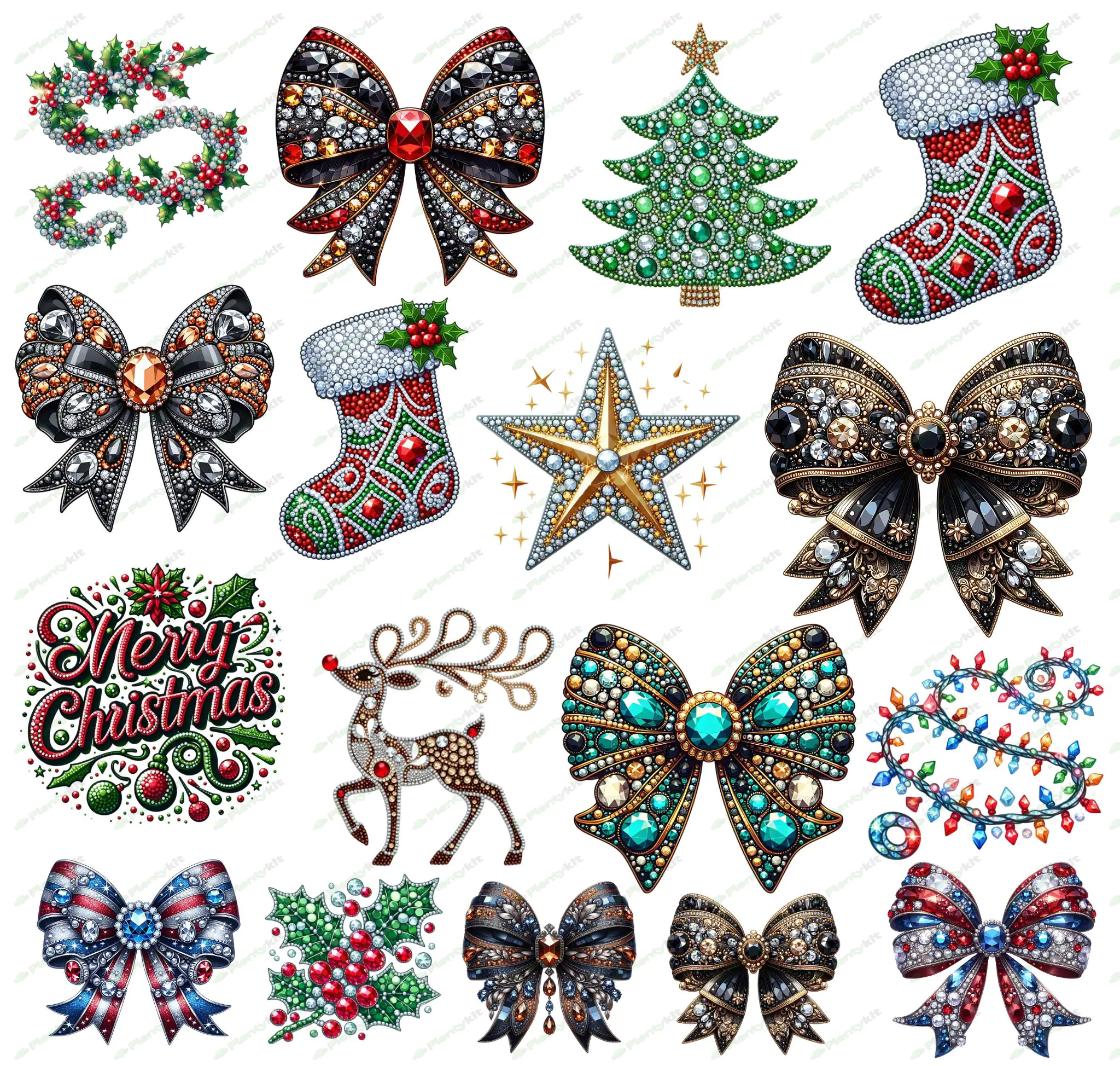 Christmas Rhinestone Clipart Bundle, Holiday Glam Sparkle PNG Christmas Decor Invitation Scrapbook P