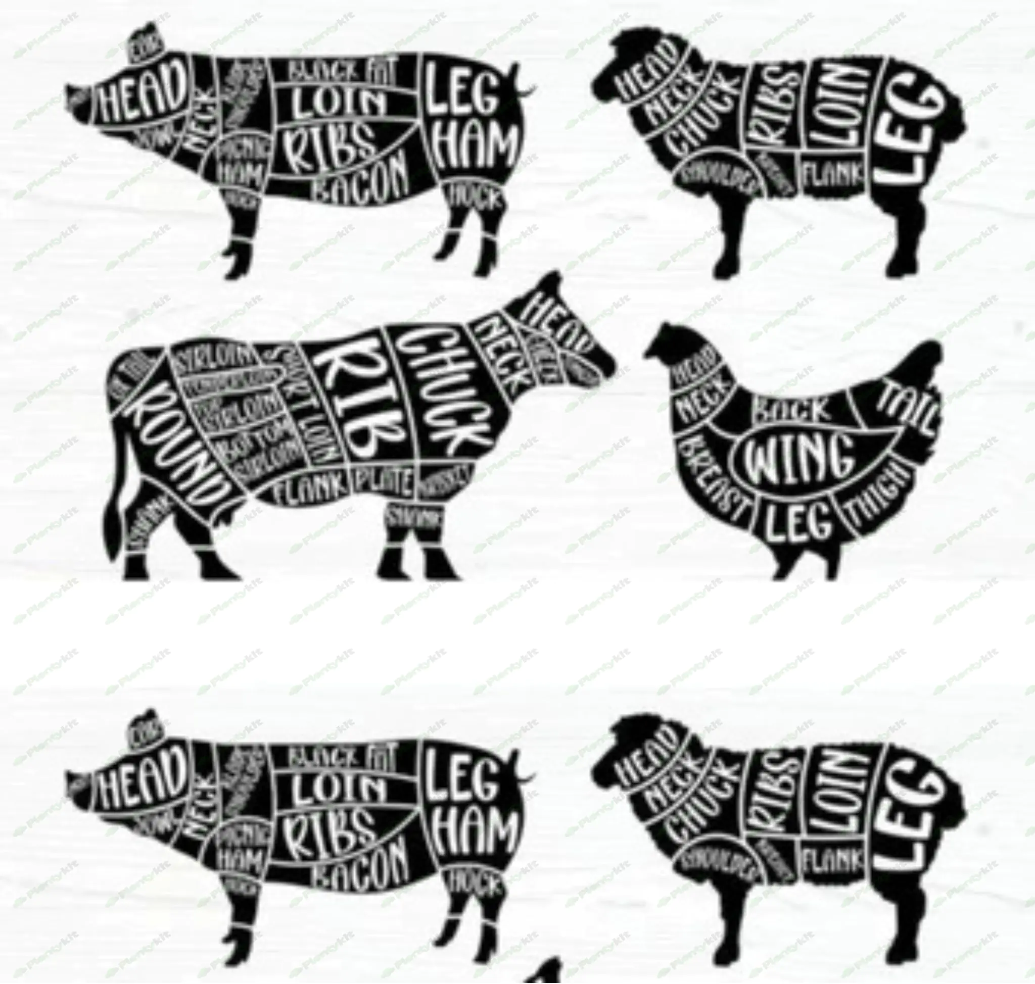 Butcher cuts 2 vectors, dxf svg pdf AI eps- CNC, glowforge, xtool or other laser engraver - BBQ