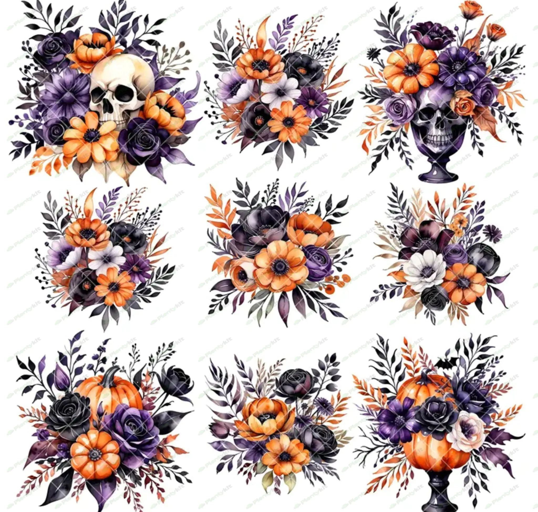 Halloween Floral Clipart - Spooky - Gothic flowers - Halloween Bouquets - Skull Clipart - Skulls and