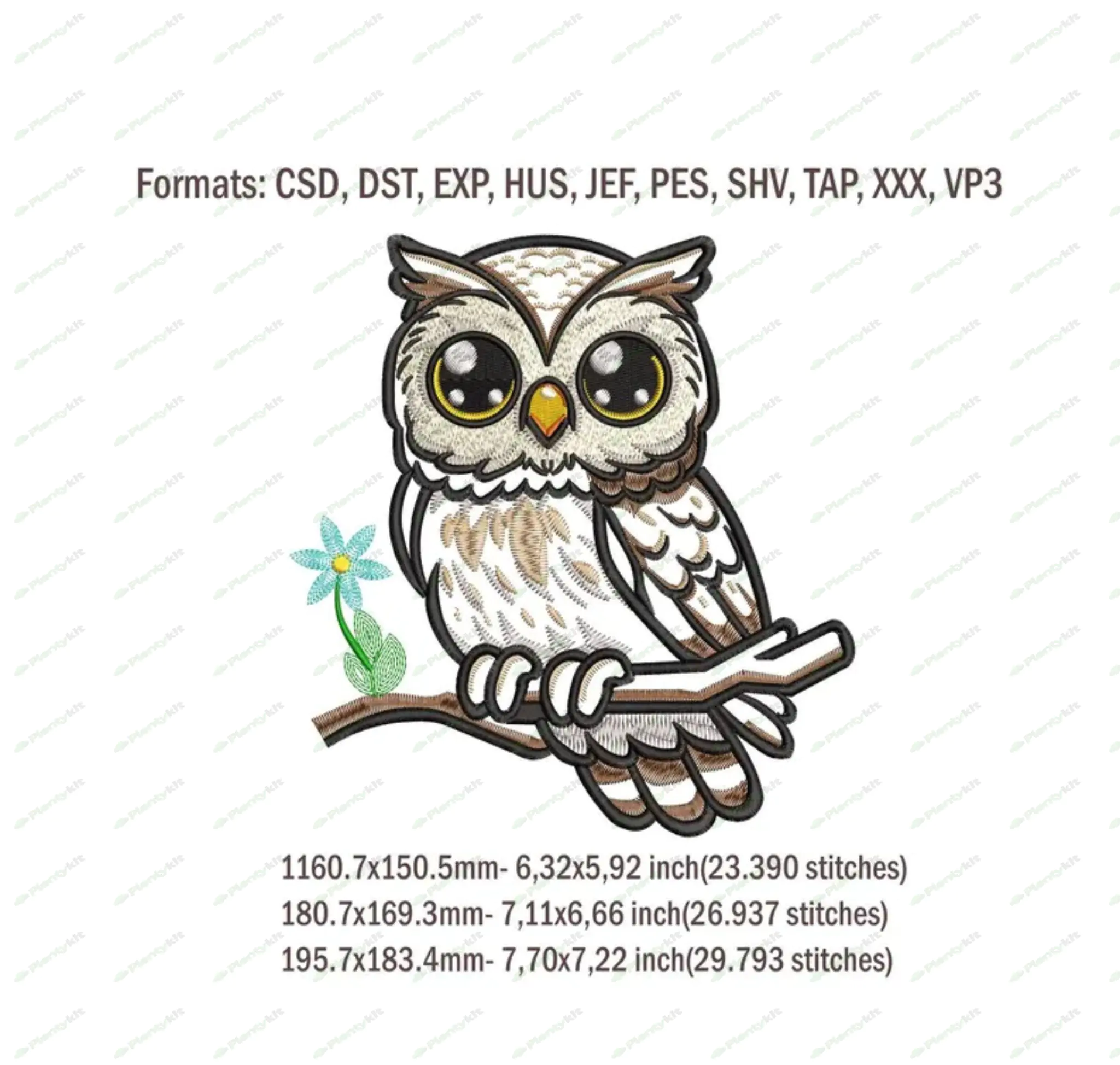 cute owl on branch embroidery design, owl with flower machine file, 3 sizes, Instant dowload