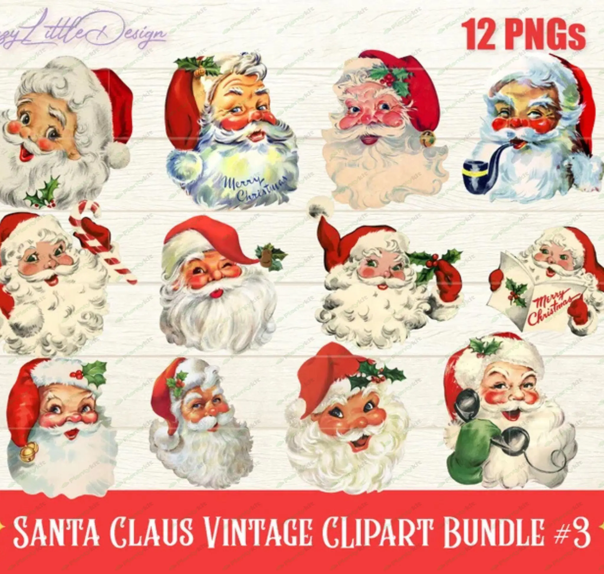 Vintage Santa PNG Clipart Bundle, Christmas Vintage Clipart, Christmas Retro Clipart, Retro Santa, I