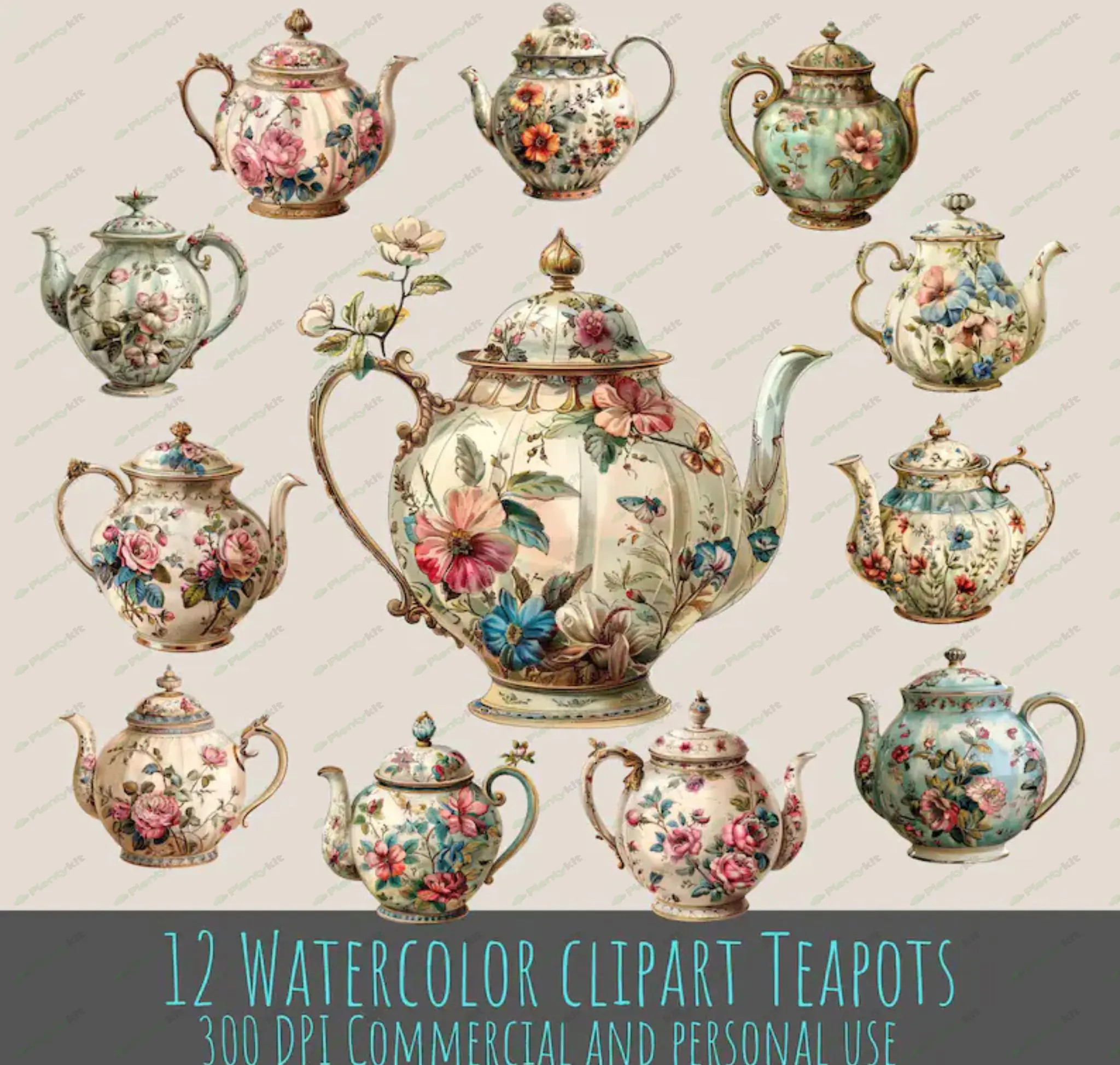 TeaPots Victorian Watercolor Clipart, 12 Transparent PNG Illustrations, Sublimation Designs, Floral