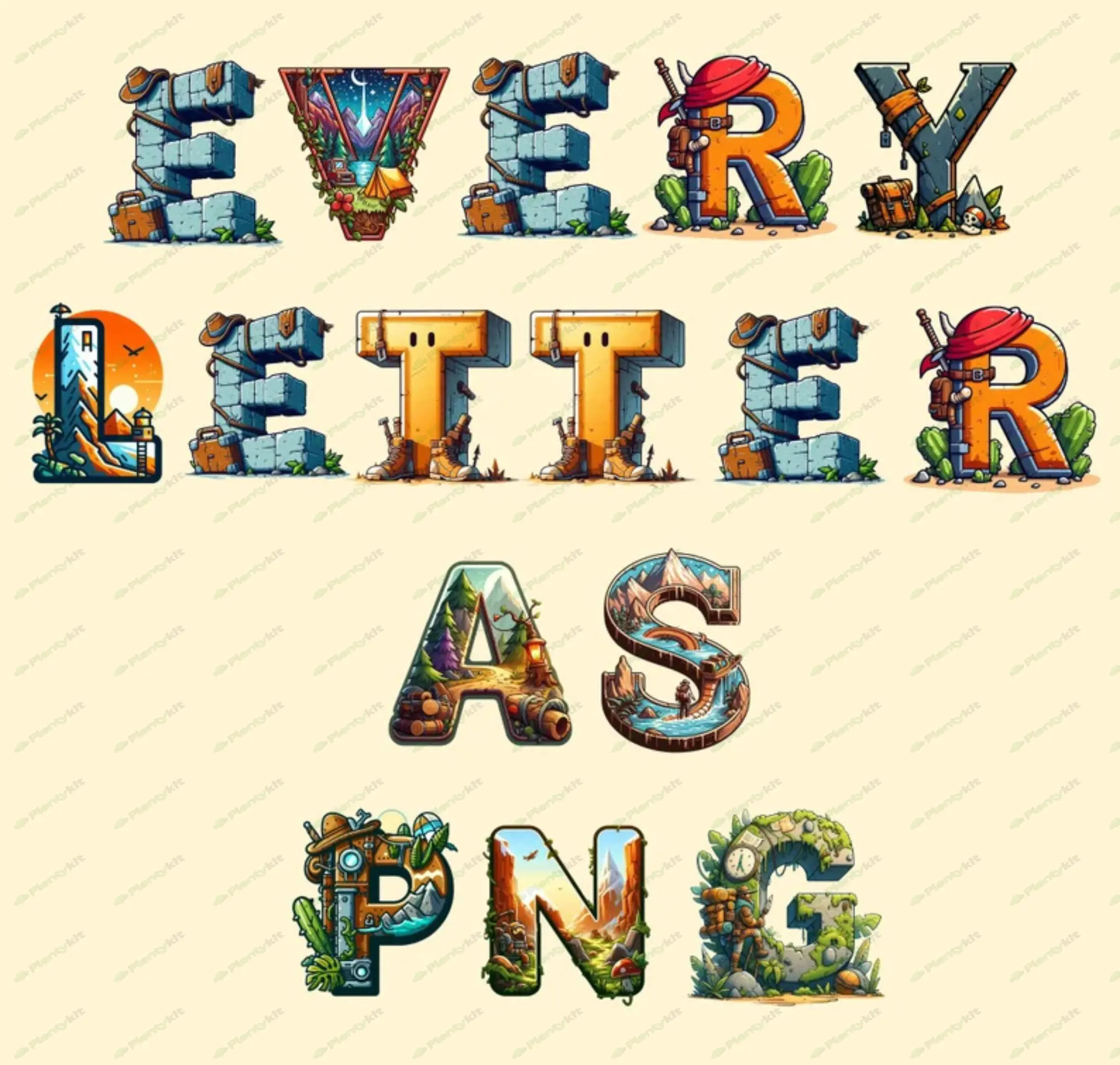 Adventure font, alphabet with exploration design, travel letters as png