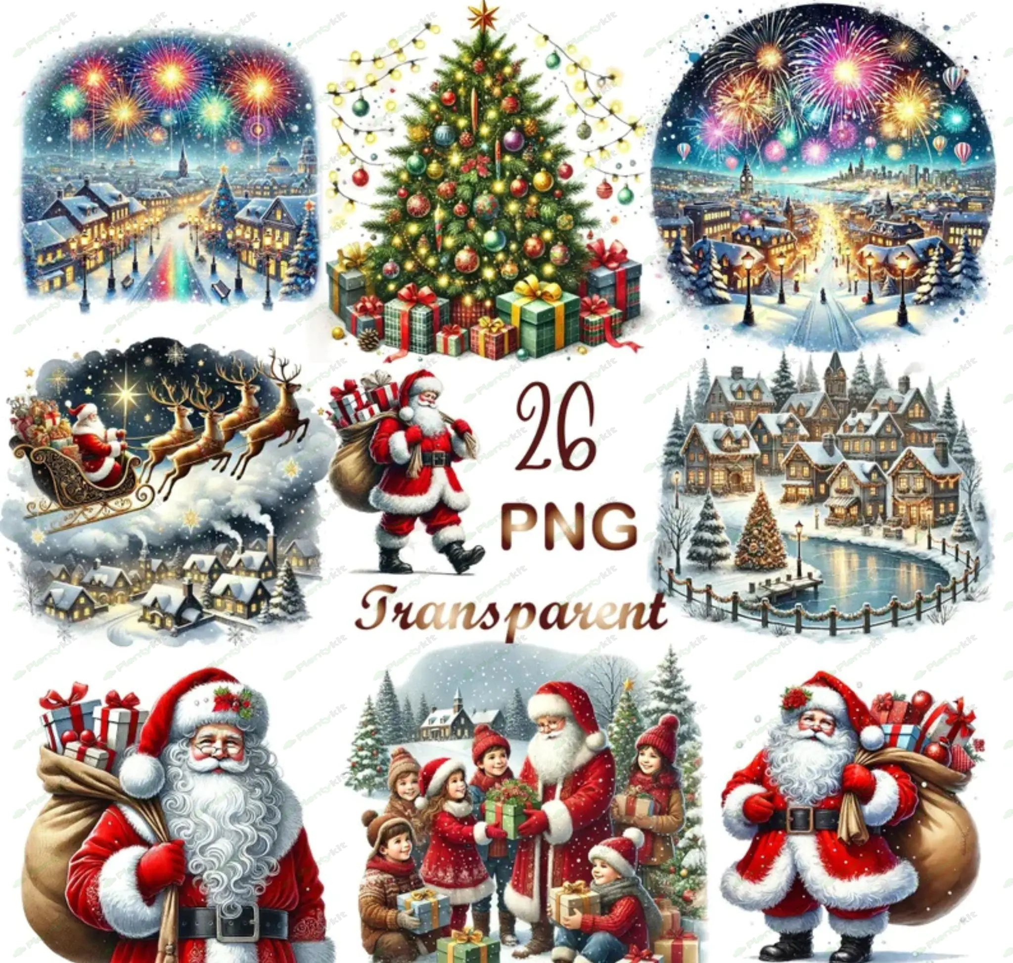 26 PNG, Watercolor Christmas scene clipart,Christmas Santa clipart, printable graphics,Winter clipar