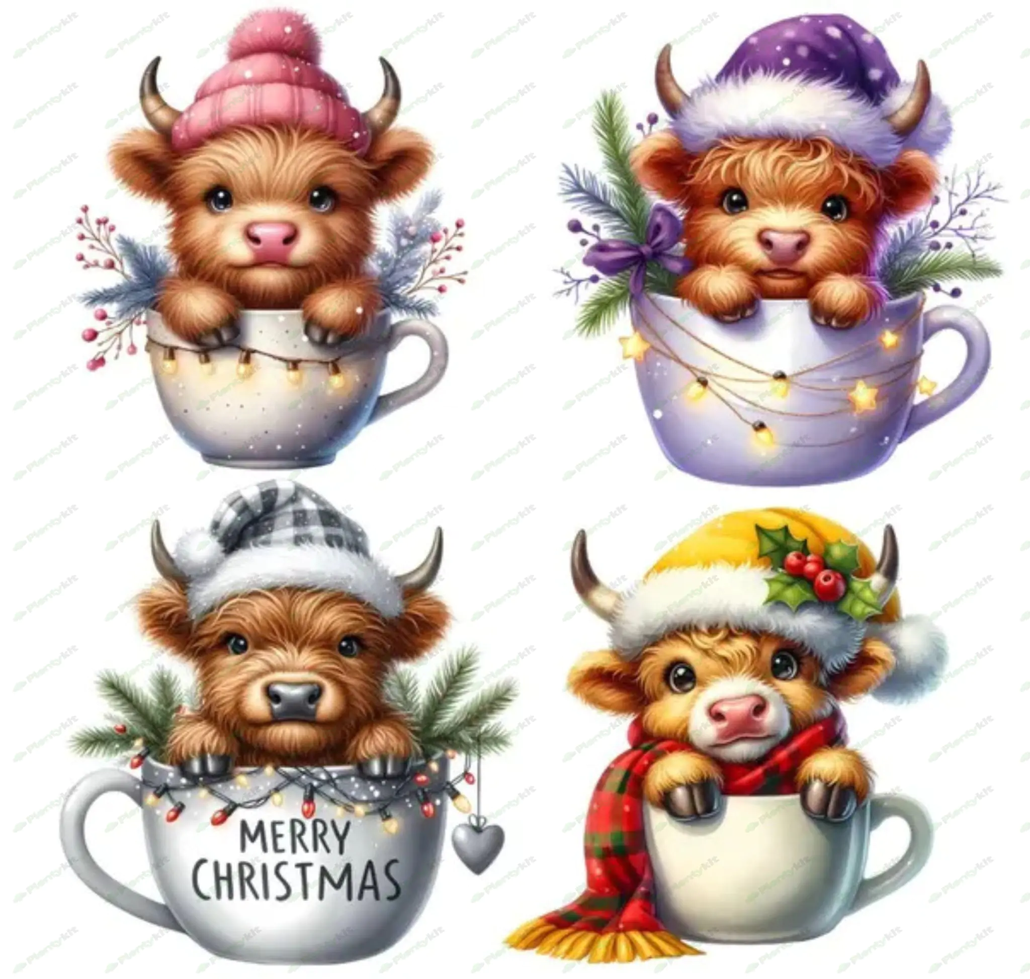 Watercolor Christmas Highland cows, 12 PNG, Christmas Highland cow in a cup, cute Christmas cows, co