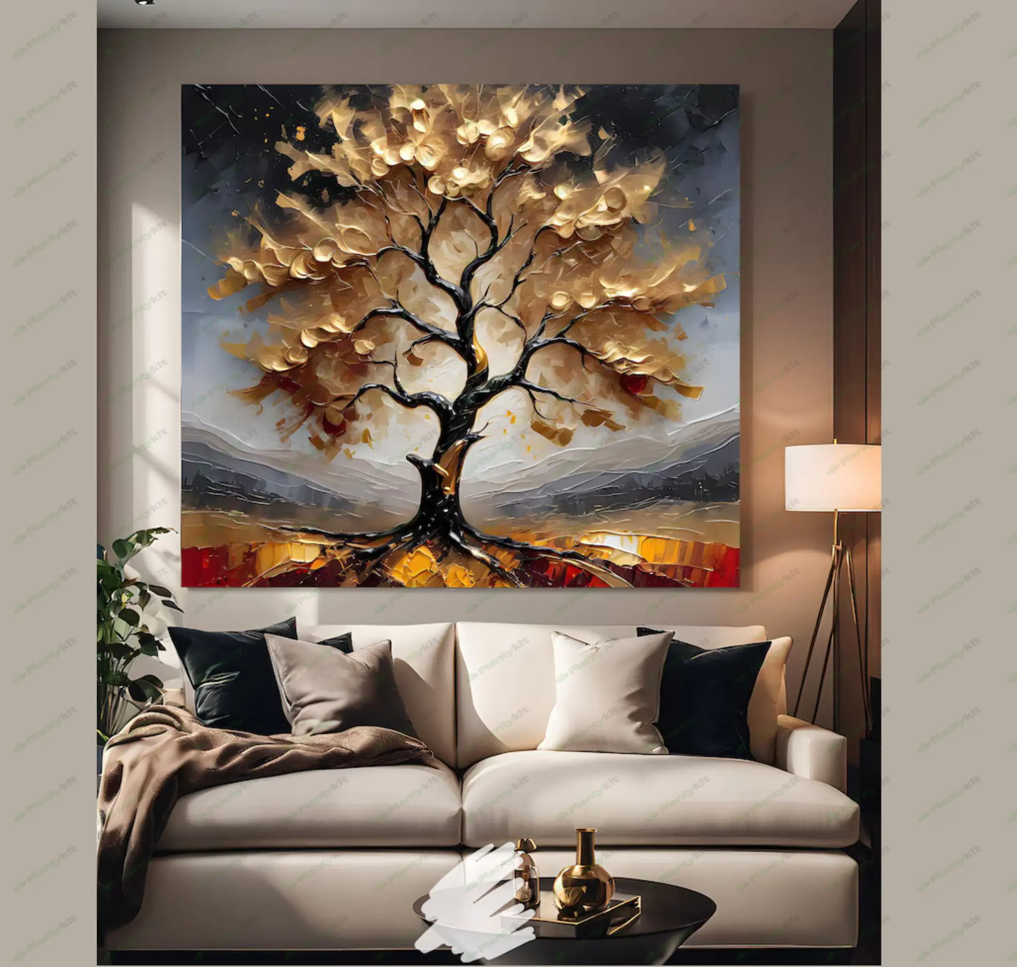 Golden Leaves of the Majestic Tree: A Dazzling Display of Abstract Acrylic Artistry Wall Art, Painti