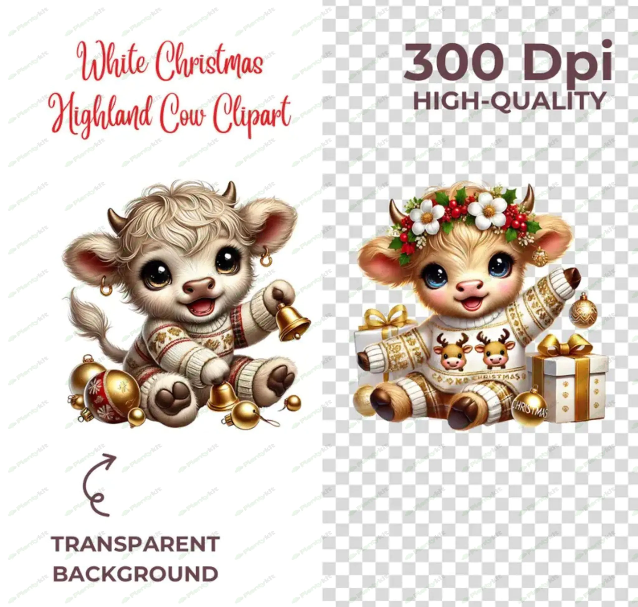 Watercolor white Christmas highland cow clipart, winter cute highland cow PNG, Merry Christmas, wint