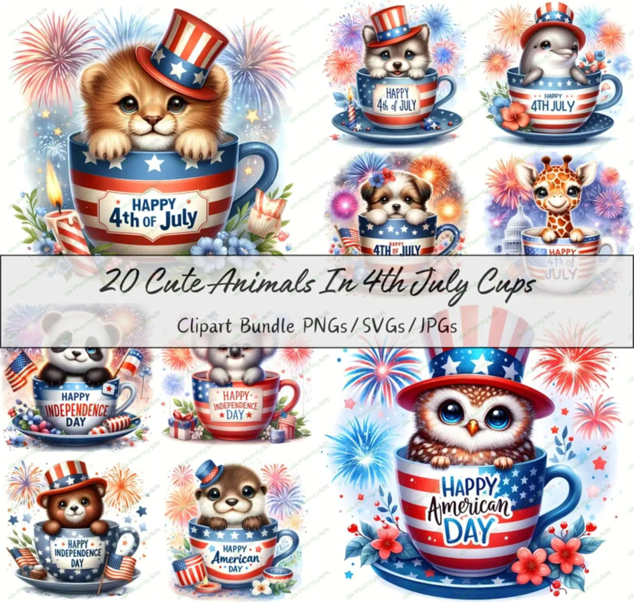 Cute Animals In 4th July Cups Clipart Bundle, Watercolor Patriotic Files Animal, High Quality Clip A