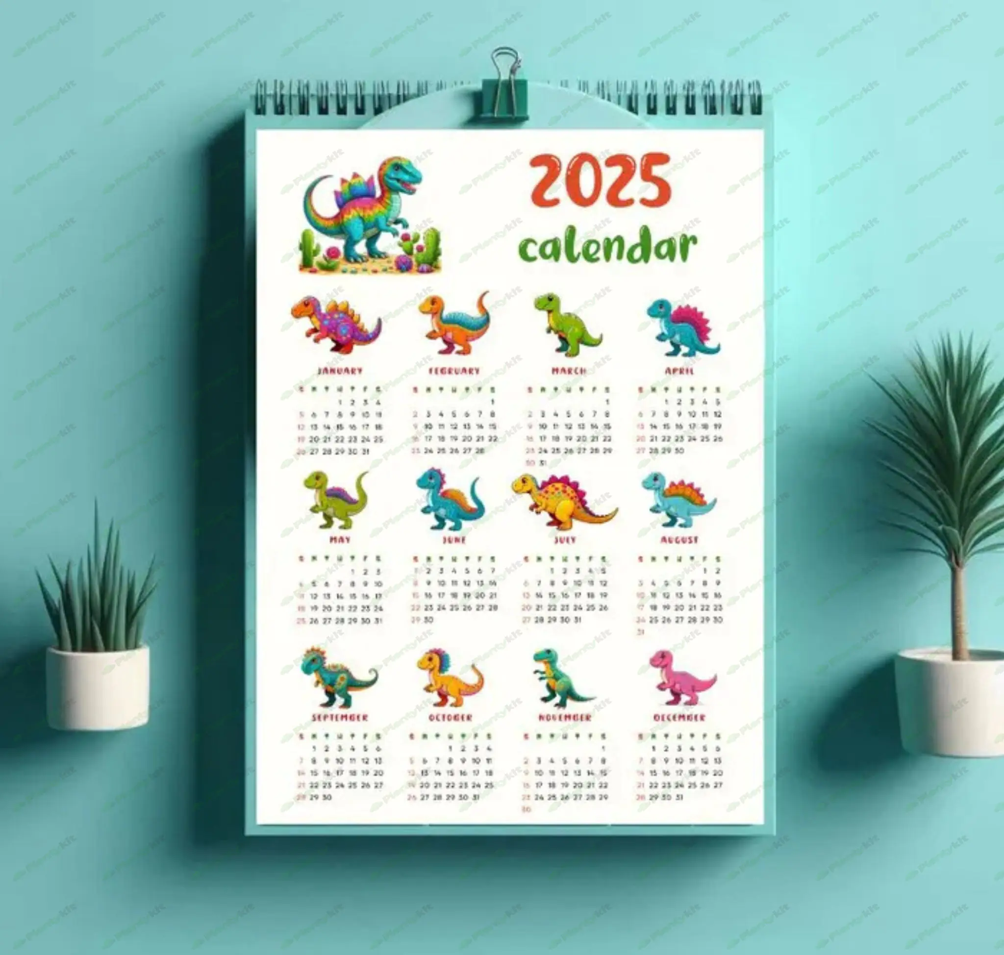 Calendar 2025 | Colorful Dinosaurs | annual calendar | monthly planner | printing | digital | Gift i