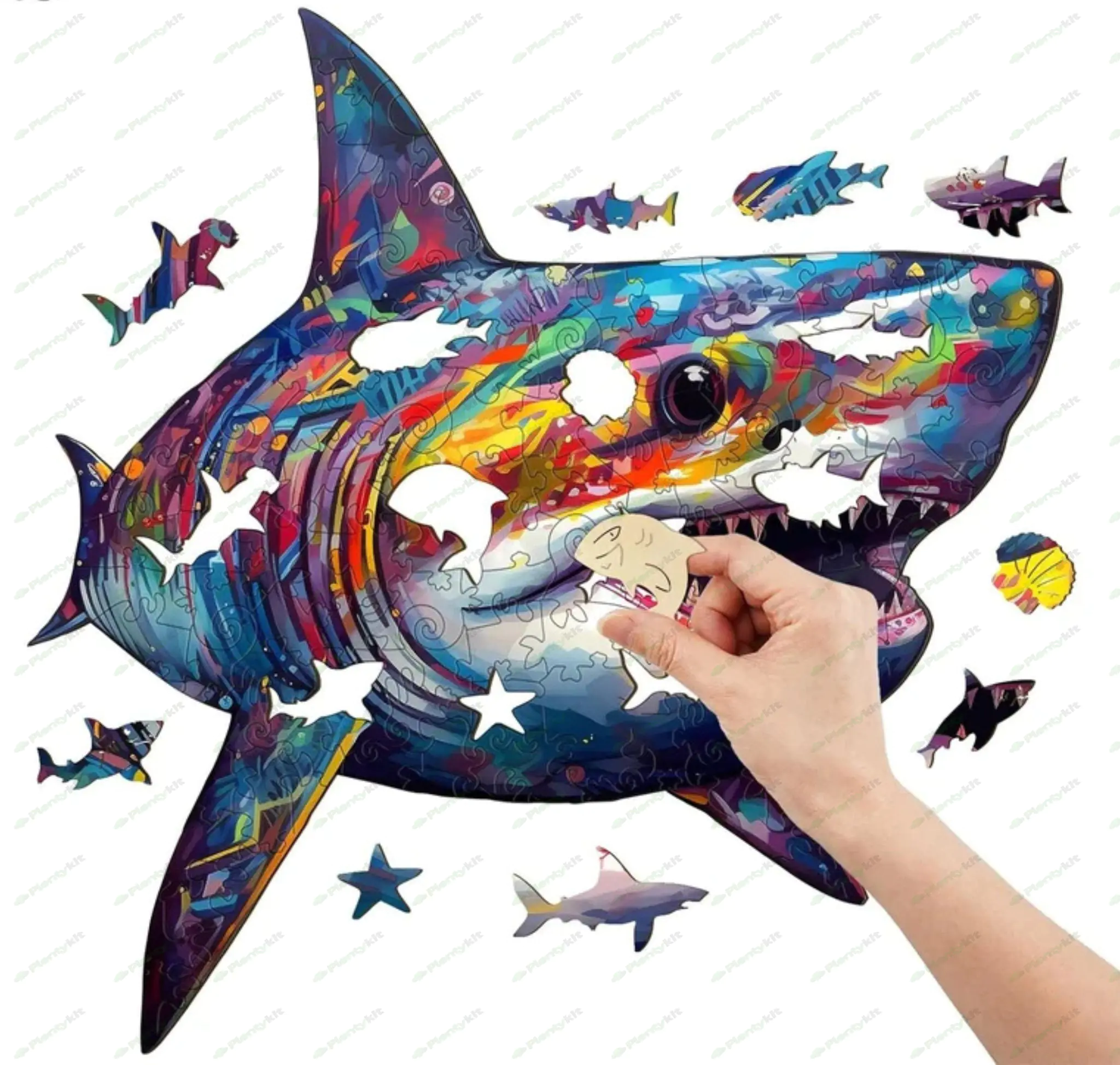 Colourful Shark Wooden Jigsaw Puzzle Animal Shaped Parts Laser Cut Board Game For Adults Great Gift