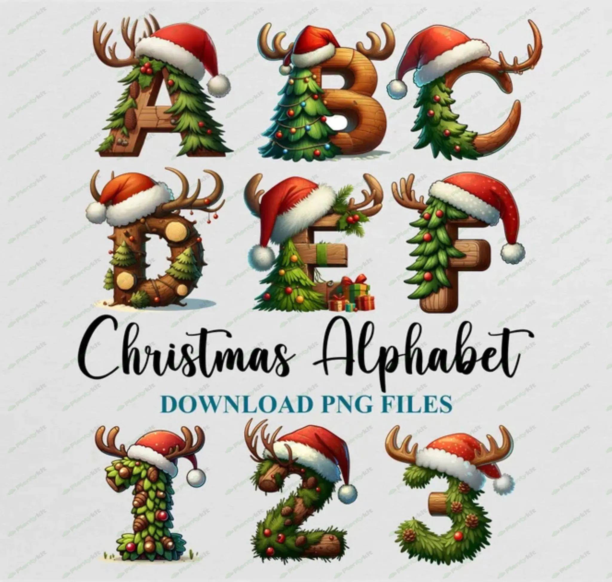 Christmas Alphabet Letters Cliparts Sublimation PNG DTF Tree Deer Santa Hat Design Download Instant