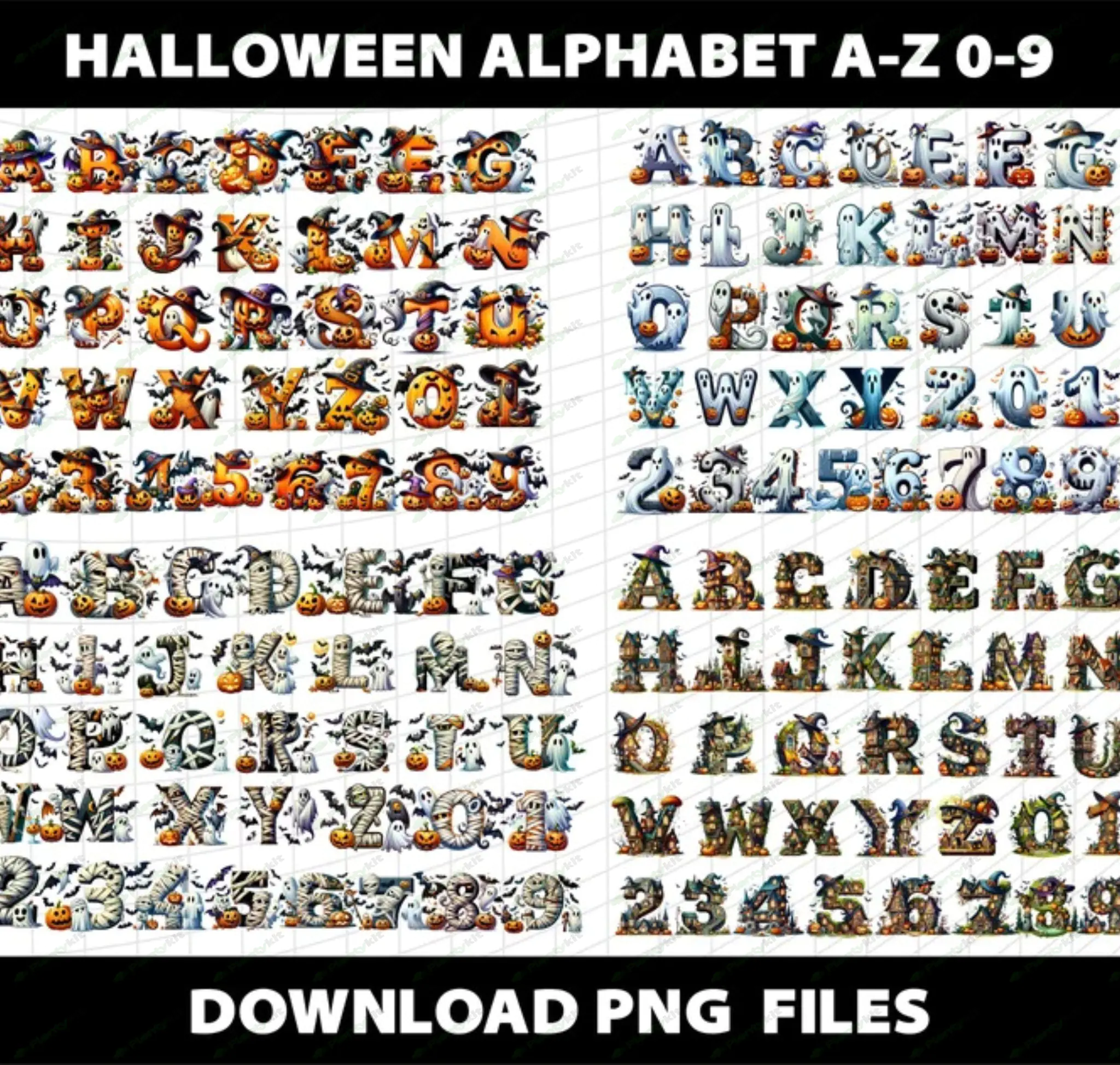 Halloween Christmas Thanks Giving Day Alphabet Letters Watercolor Cliparts Sublimation PNG Doodle De